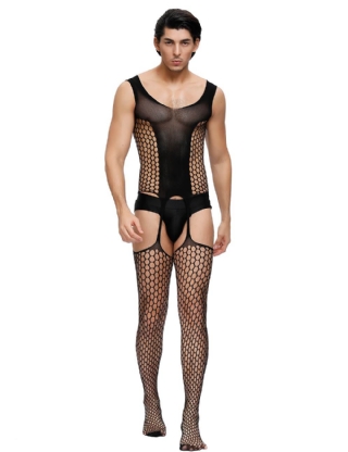 Bold Cutout Pothole Black Bodystockings For Men