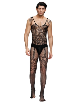 Strappy Shoulders Floral Motif Mesh Black Bodystockings For Men