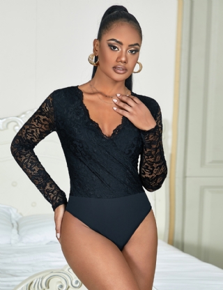 Black Brushed Lace Long Sleeve Bodysuit