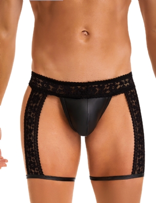 Black Sexy Lace Imitation Leather Men Underwear