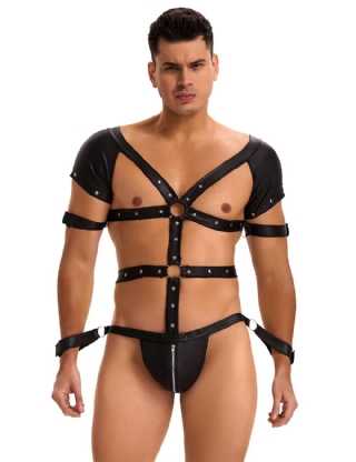 Black Sexy Faux Leather Harness Zipper Men Bodysuit Lingerie