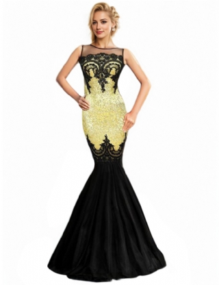 Sequins Appliqués Evening Dress with Mermaid Hem