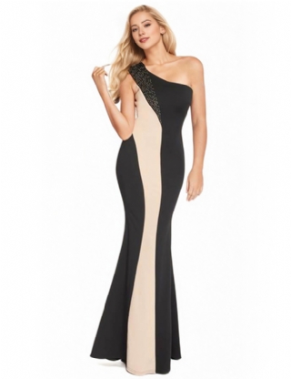Black And Nude One Shoulder Maxi Dress