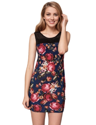 Navy Flower Short Sleeve Print Dresses 