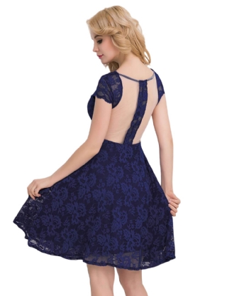 Lace Round Neck Elegant Blue Bodycon Dress