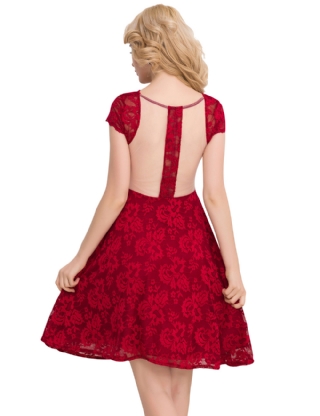 Lace Elegant Round Neck Red Bodycon Dress