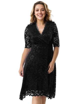 Plus Size Black Lace V Neck Dress
