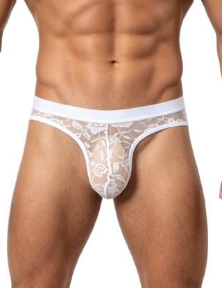 White  Lace See Through Elastic Band Men Jock Underwear