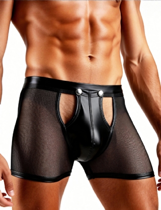 Black Sexy Mesh Openable Crotch Imitation Leather Men's Boxer Underwear