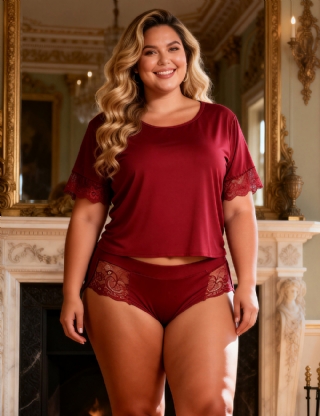 Stretchy Modal Red Casual Sleepwear Plus Size Two-piece set
