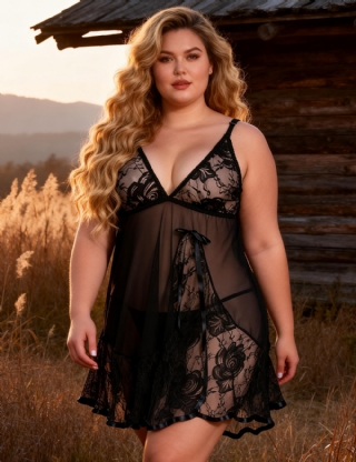 Sexy Black Transparent V Neck Lace Plus Size Short Nightdress