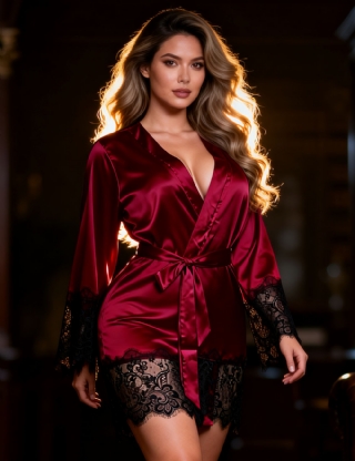 Red Elegant Sleepwear Silk Eyelash Lace Long Sleeves Nightdress With G String