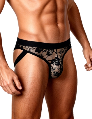 Black Lace See Through Elastic Band Men Jock Underwear